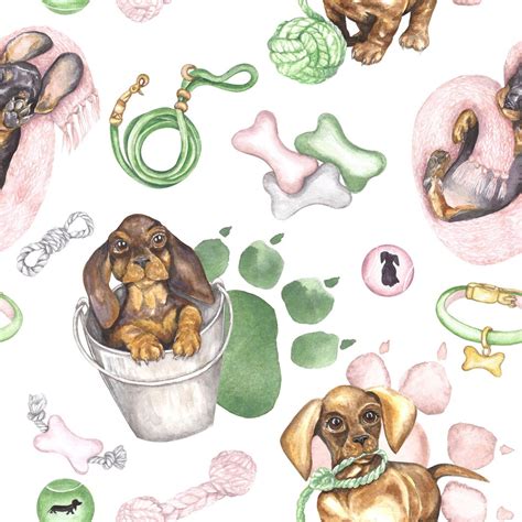 Watercolor illustration of a seamless pattern with a dachshund puppy ...