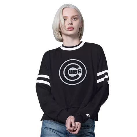 Women's Starter Black Chicago Cubs Rally Cropped Drop Shoulder Crewneck ...