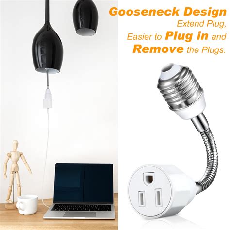 Buy E26/E27 Light Socket to Plug Adapter 3 Prong, Goose Neck Outlet ...