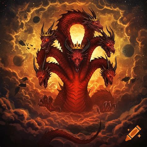 Red dragon with seven heads and ten horns on Craiyon