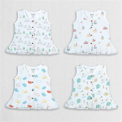 1st Step 100% Soft Muslin Cotton Button Baby Frill Frock - Pack Of 4