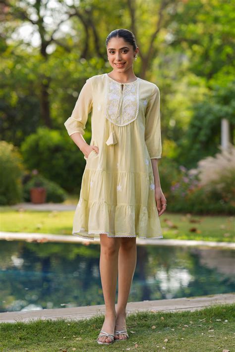 Lime Green Cotton Mulmul Embroidered Tiered Midi Dress – SCAKHI