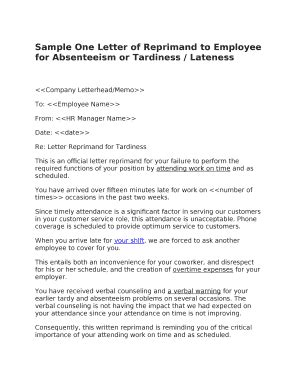 Sample One Letter of Reprimand to Employee for Absenteeism or Tardiness ...