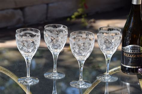 4 Antique Etched Optic Wine Glasses, Fry Glass, 1930's, Antique Wine ...