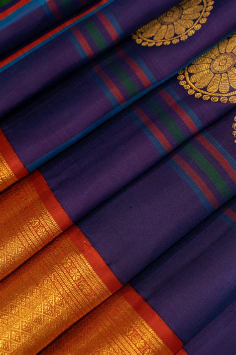 Indigo blue pure zari vintage checks Kanchipuram silk saree | Clio Silks