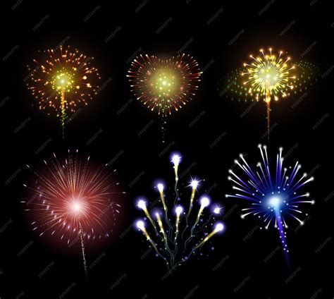 Fireworks realistic set with isolated icons of exploding pyrotechnics ...
