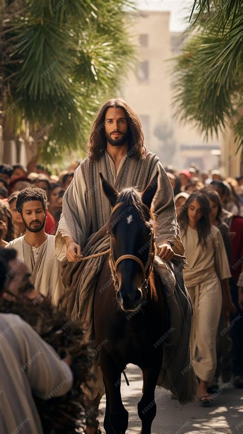 Premium AI Image | Jesus Christ riding a donkey entering the streets of ...