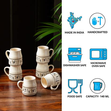 'Whispers of Warli' Handcrafted Ceramic Tea Cups (Set of 6, 140 ML, Mi ...
