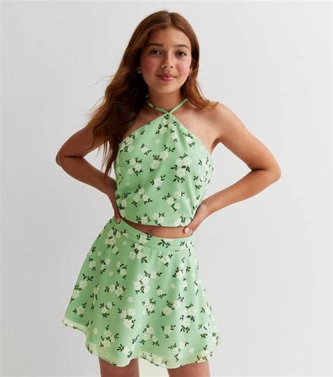 Girls Green Floral Halter Crop Top | New Look