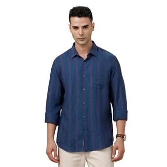 Linen Club Men's Pure Linen Blue Striped Contemporary Fit Full Sleeve ...