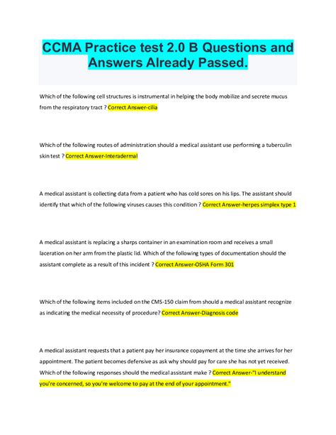 CCMA Practice test 2.0 B Questions and Answers Already Passed ...