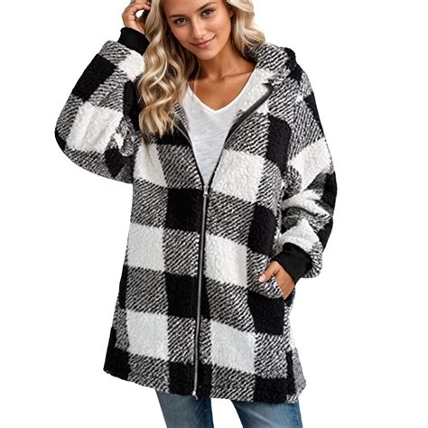 TQWQT Plaid Jackets for Women Fuzzy Sherpa Fleece Lined Jackets Hooded ...