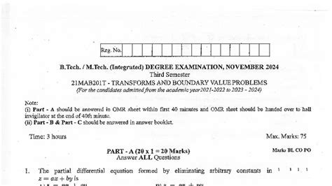 21MAB201T Third Sem Exam: Transforms & Boundary Value Problems - Studocu