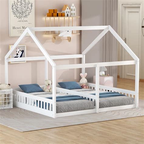 Amazon.com: Twin House Bed for 2 Kids Wood Double Floor Beds Frame with ...