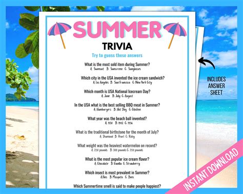 Summer Trivia Game, Summer Trivia Quiz, Summer Games, Summer Printable ...