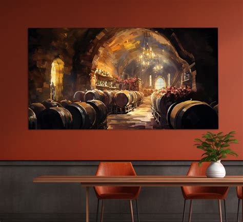 Vintage Wine Cellar Canvas Print in Oil Painting Style, Wine Wall Art ...