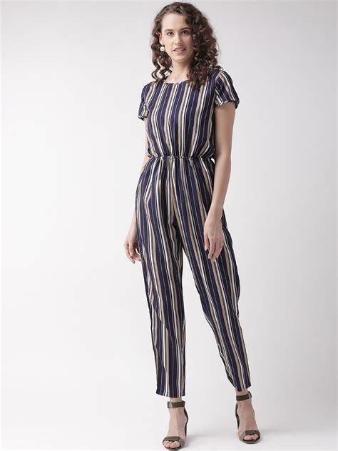 Women Navy Blue & Beige Striped Basic Jumpsuit – U&F