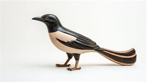 A wooden sculpture of a personified magpie with its tail bulging like ...