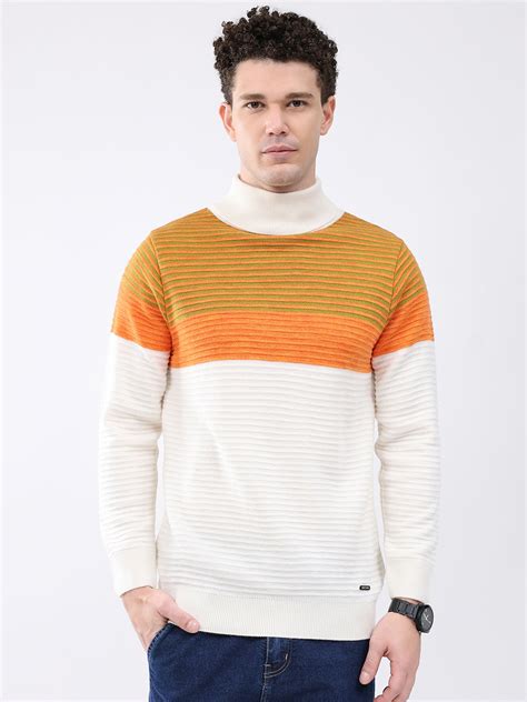 Buy Men White & Orange Self Design High Neck Full Sleeve Pullover ...