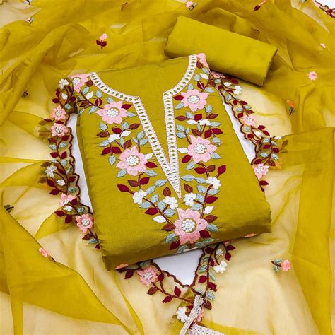 Green Floral Embroidered Roman Cotton Silk Dress Material