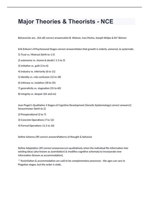 Major Theories & Theorists - NCE EXAM 2024 WITH 100% CORRECT ANSWERS ...