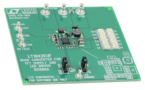 DC688A: 5V @ 40mA, ±10V @ 2mA, 2x 20mA (@ 21V Max) LED Drivers