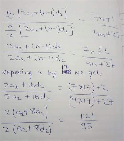 If the ratio of the sums of first n terms of two A.P.'s is (7n + 1 ...