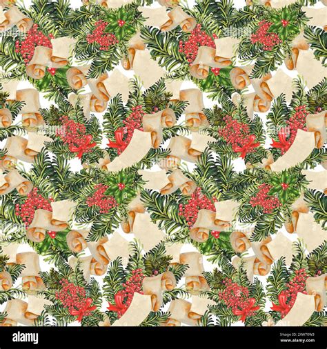 Seamless pattern of paper banner with Christmas green fir branches ...
