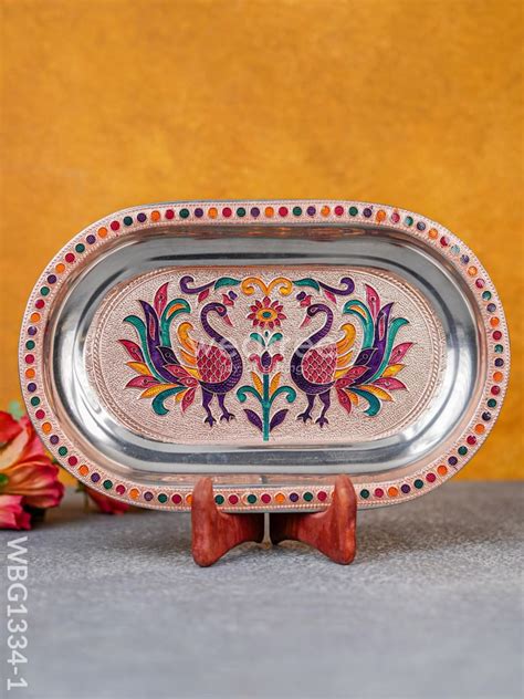 Meenakari Peacock Oval Plate - WBG1334 – Wedtree