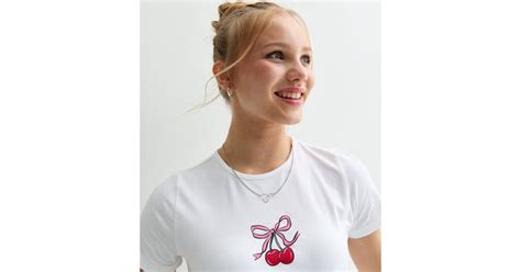 Girls White Cotton-Blend Cherry Print T-Shirt | New Look