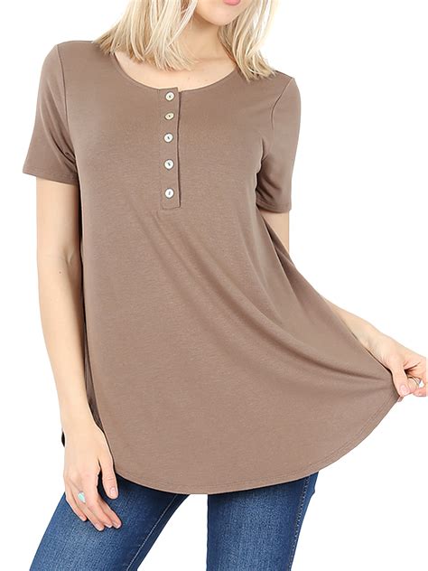 Women & Plus Short Sleeve Dolphin Hem Relaxed Fit Henley Tee Shirt Top ...