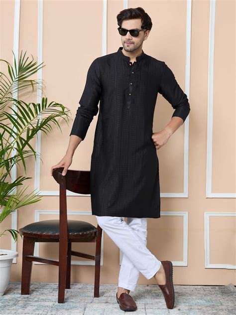 Black Jacquard Mandarin Collar Straight Kurta with Pyjama – See Designs