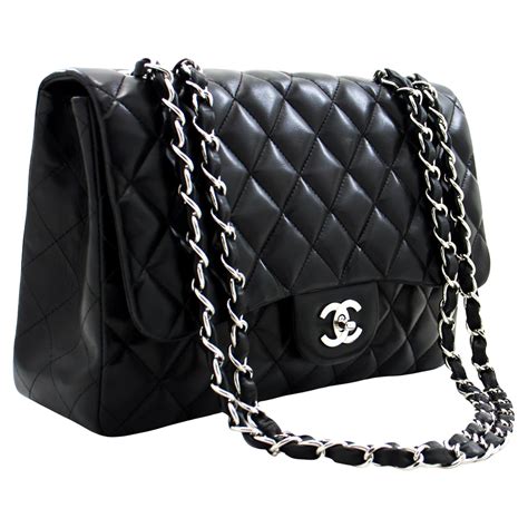 CHANEL Large Classic Handbag 11"Chain Shoulder Bag Flap Black Lamb For ...