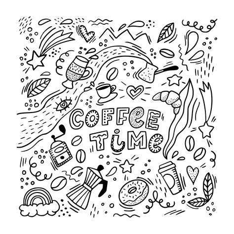 hand drawn 'Coffee time' doodles on white background. Cute cup, donut ...