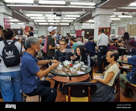 The interior of a traditional old style Dim Sum restaurant in Hong Kong ...