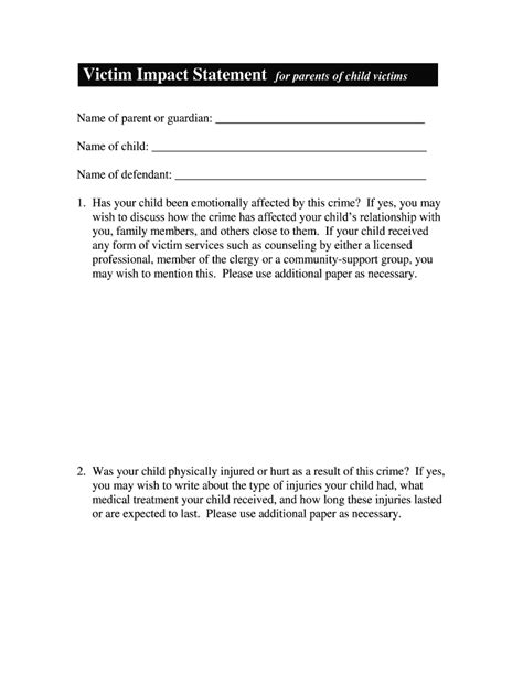 Victim Impact Statement for Parents of Child Victims - Blank Fillable ...