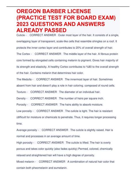 OREGON BARBER LICENSE (PRACTICE TEST FOR BOARD EXAM) 2023 QUESTIONS AND ...