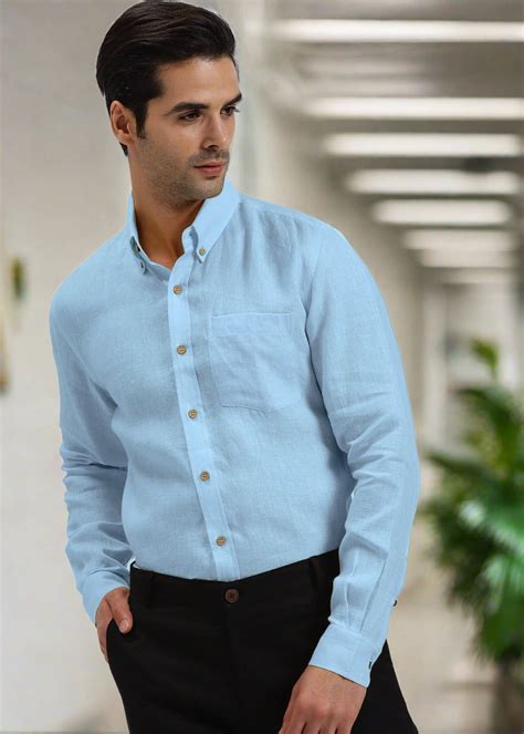 Sky Blue Buttoned Down Pure Linen Full Sleeve Shirt for Men – Linen Trail