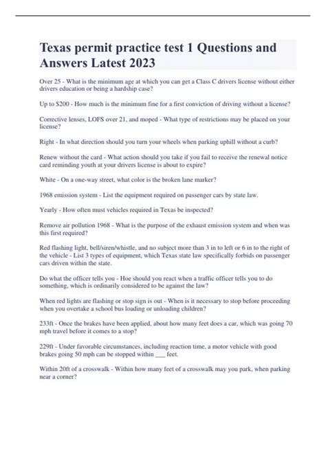 Texas permit practice test 1 Questions and Answers Latest 2023 - Texas ...