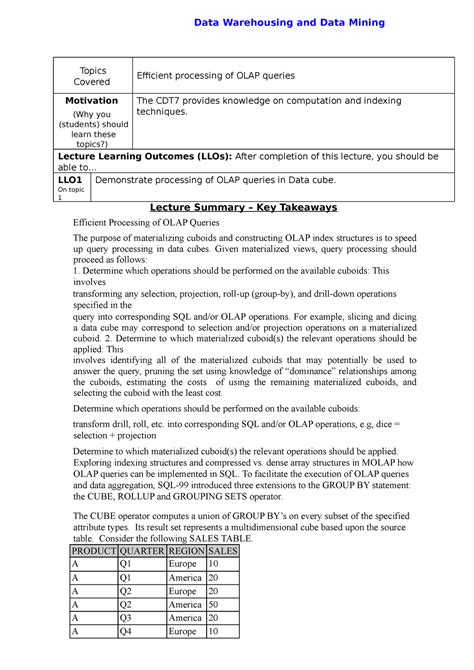 Efficient processing of OLAP queries - Topics Covered Efficient ...