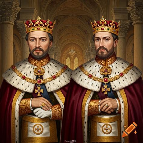 Painting of two European kings in royal regalia standing in a grand ...