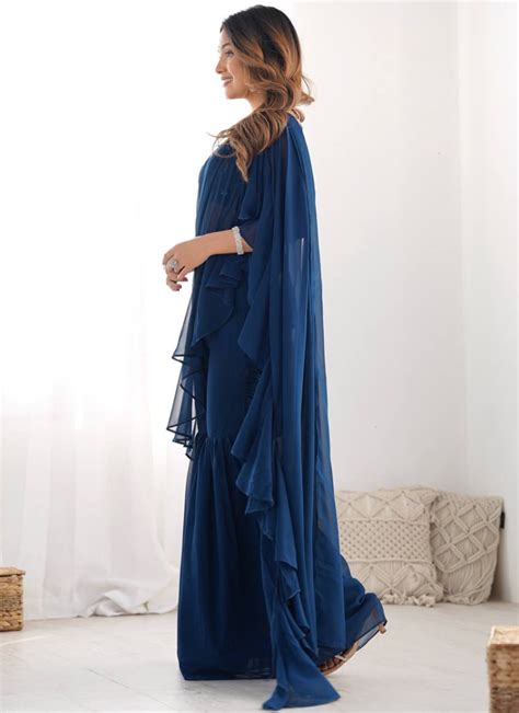 Designer Navy Blue Georgette Sharara Saree With Sequence Work Blouse ...