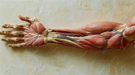 A detailed anatomical view of the human forearm focusing on the muscles tendons and bones that ...