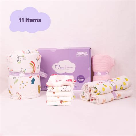 Baby Muslin Essentials Gift Set of 11 Items- Mix Designs – Moms Home