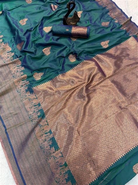 Sophisticated Rama Soft Banarasi Silk Saree With Engrossing Blouse Pie ...