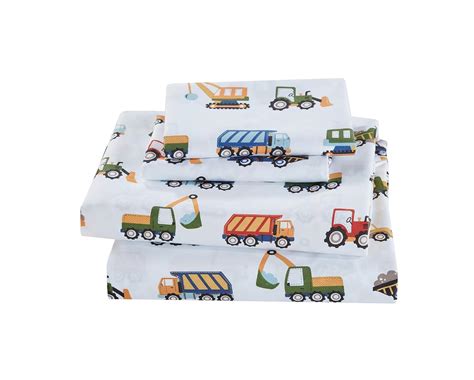 MK Home 3pc Crib Sheet Set Boys Construction Trucks Tractors White Blue ...