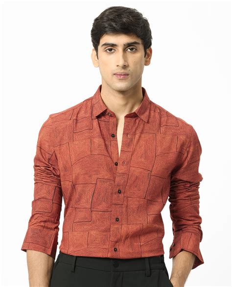 Rare Rabbit Mens Berman Rust Viscose Fabric Full Sleeves Geometric Pri