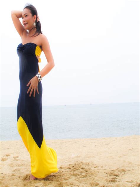 Color Block Navy Blue Yellow Strapless Long Maxi Sun Dress All | Etsy