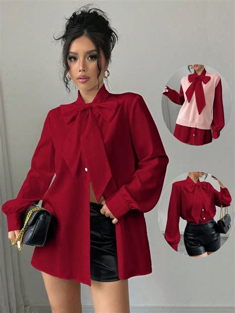 Elenzga Women Solid Color Long Sleeve Blouse With Tied Bow Collar ...