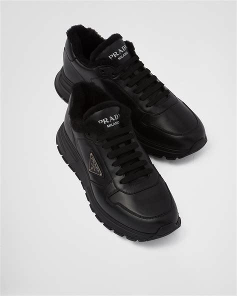 Black Prax 01 Leather An Shearling Sneakers | PRADA